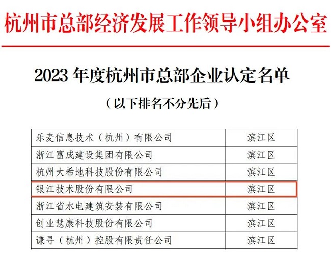 银江技术荣获“2023年度杭州市总部企业”认定