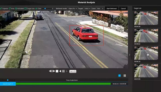 ▲视频检索根据目标种类、颜色、出现区域、运动方向等特征，快速提取有效片段