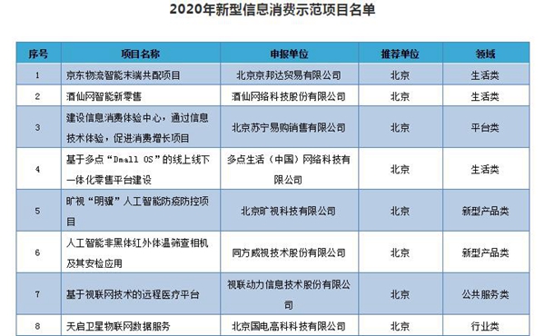 2020年新型信息消费示范项目公示 这几家安防企业入选名单